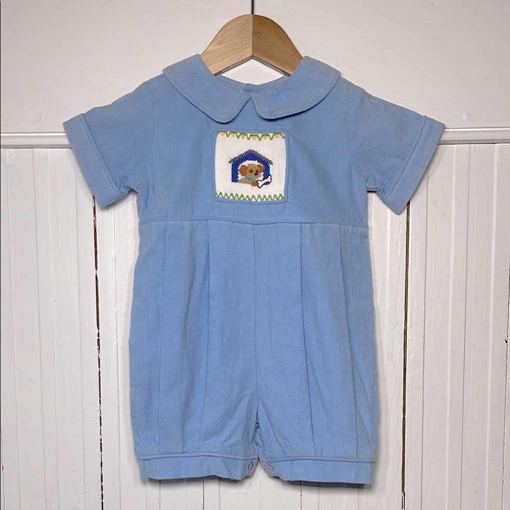 REMEMBER NGUYEN Like New Boys Smocked Dog Blue Corduroy Pleated Collared Romper